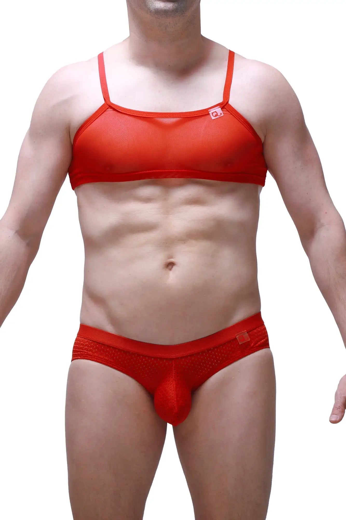 Red mesh and lace men’s underwear set with solid red thong and integrated pouch from micro tank net red collection
