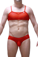 Red mesh and lace men’s underwear set with solid red thong and integrated pouch from micro tank net red collection