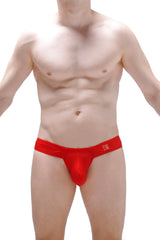 Red lace mini boxer cheek bee red jockstrap with subtle textured pattern and small red logo on waistband