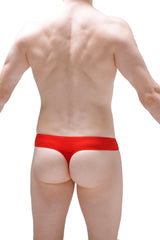 Red mesh mini boxer cheek bee thong with solid red waistband shown from the back side