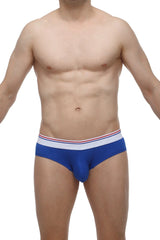 Blue men’s mini boxer cheeky briefs in modal fabric with white waistband accented by thin red and blue stripes
