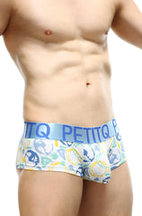 White mini boxer briefs with double pouch featuring playful blue green yellow abstract faces circles and light blue petitq waistband