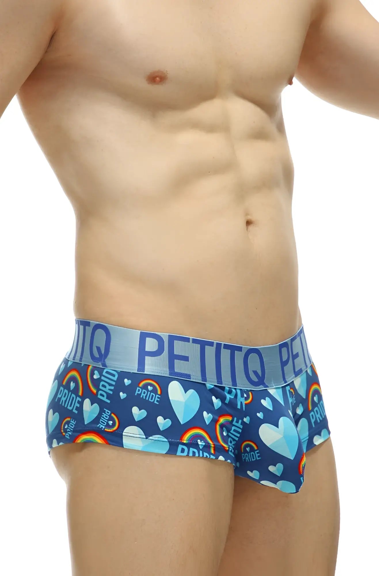 Blue petitq men’s mini boxer double pride briefs with vibrant rainbow hearts and pride text pattern