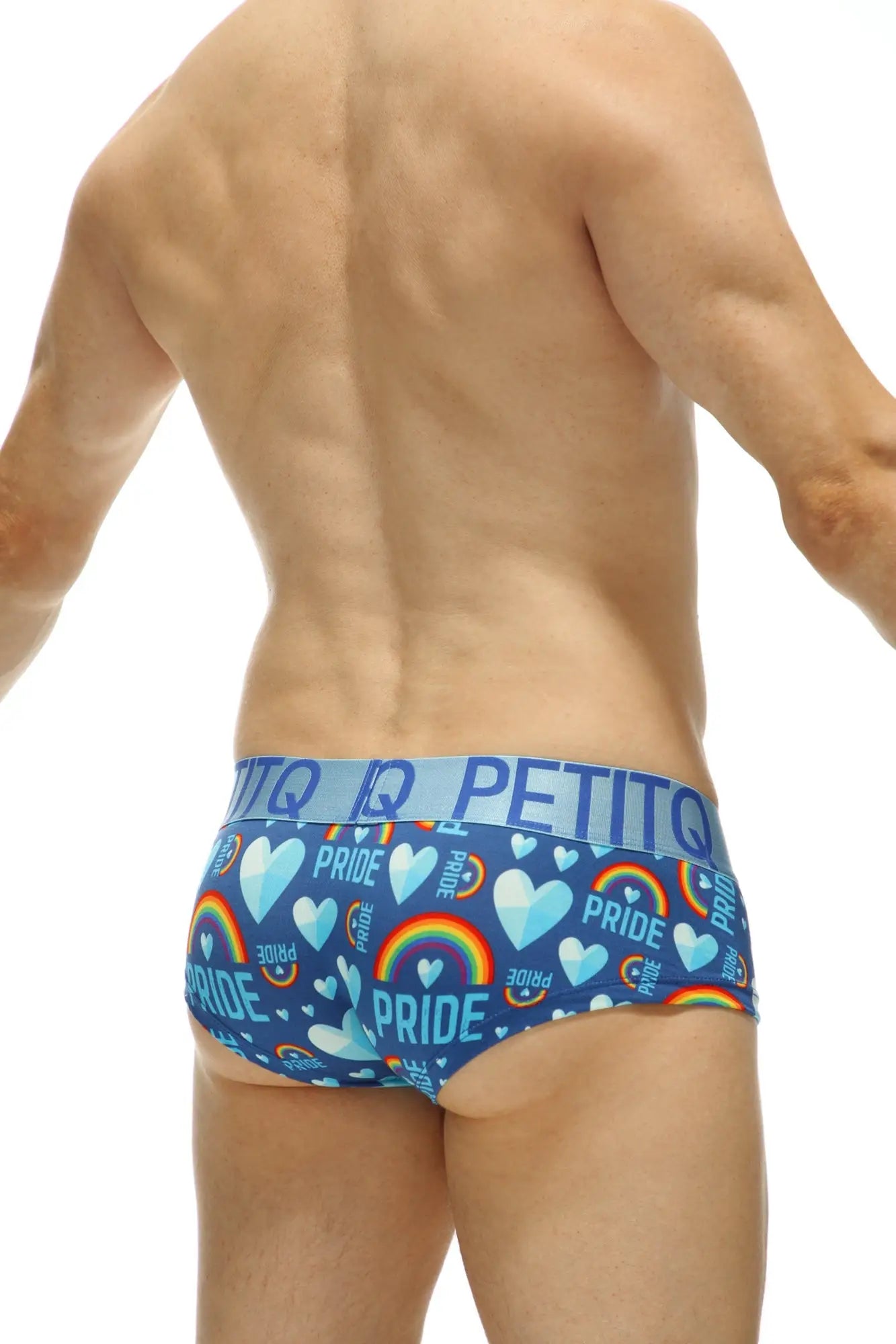 Blue petitq mini boxer double pride men’s briefs with vibrant rainbow hearts and pride pattern in light blue
