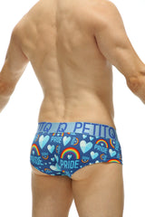 Blue petitq mini boxer double pride men’s briefs with vibrant rainbow hearts and pride pattern in light blue