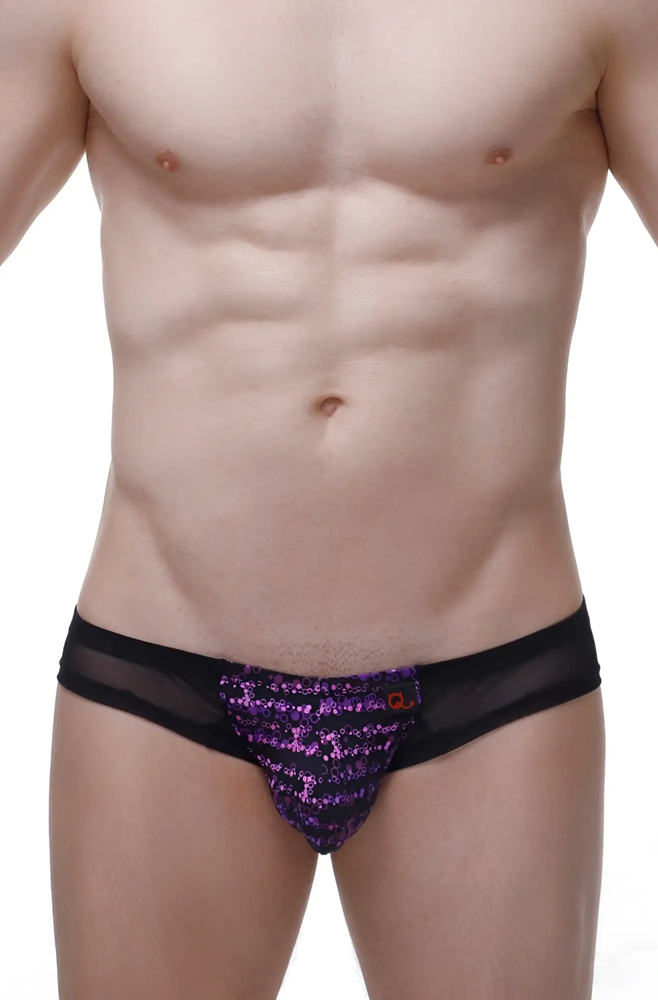 Mini boxer macau bulles purple sequined briefs with black mesh sides and a small orange logo on the front