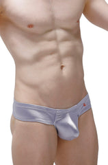 Mini boxer satin silver metallic briefs with a sleek shiny finish and a small red logo on the waistband
