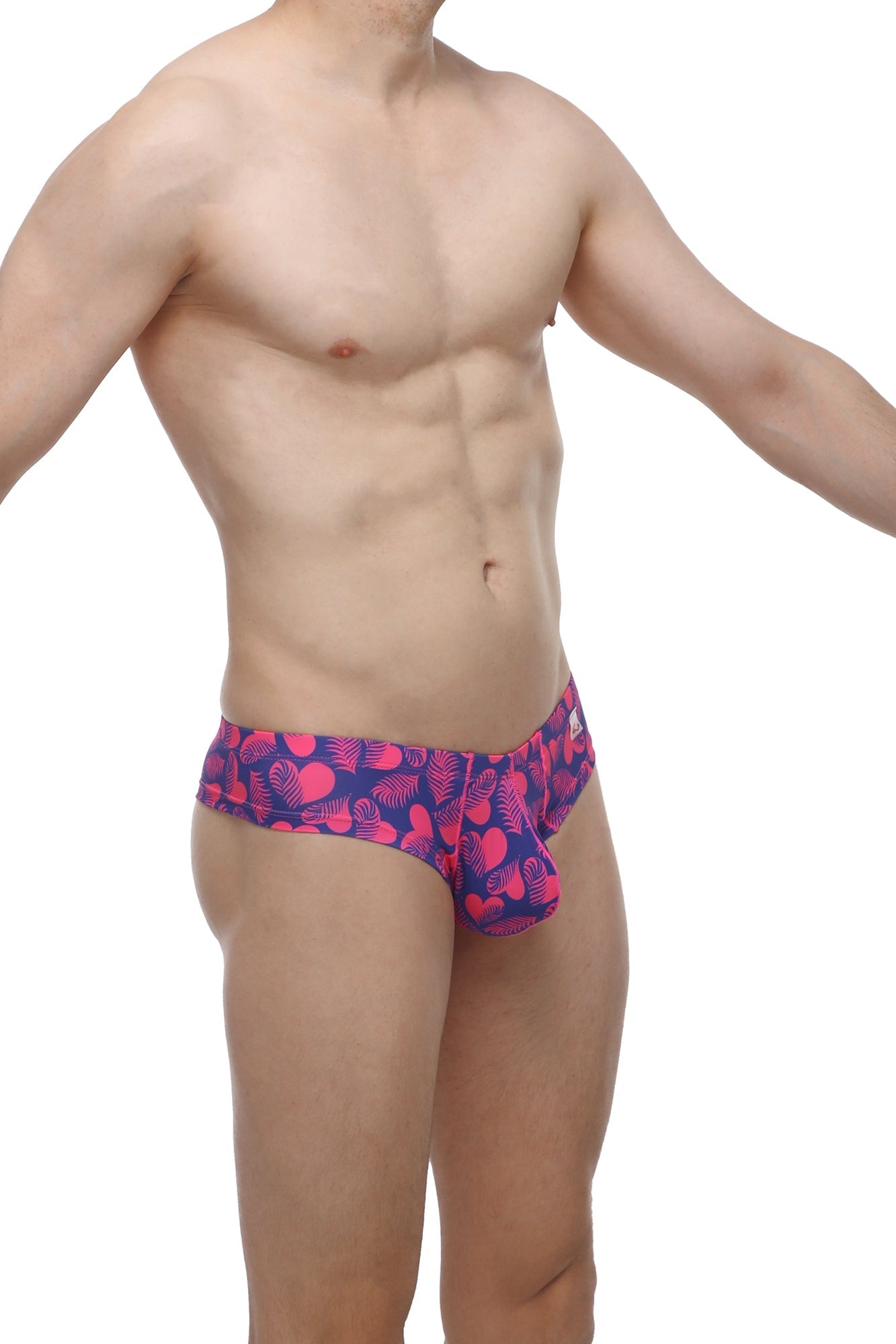 PetitQ mini boxer tropical hearts men’s briefs in purple and pink with tropical leaf print, front view