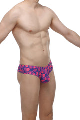 PetitQ mini boxer tropical hearts men’s briefs in purple and pink with tropical leaf print, front view