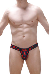 Black and red patterned men’s jockstrap mini cheek boudoir with mask and key design for stylish intimate wear