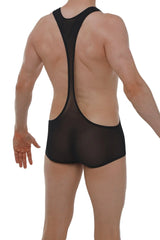 Black mesh mini singlet wrestling singlet with racerback design and lower back cutout shown from the back side