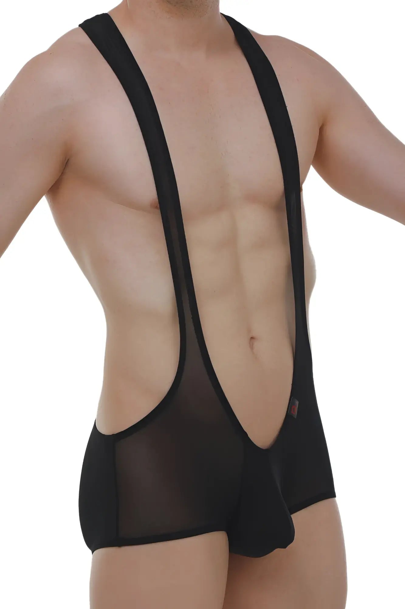 Mini singlet net black sheer mesh suspenders with solid black fabric waistband and leg openings