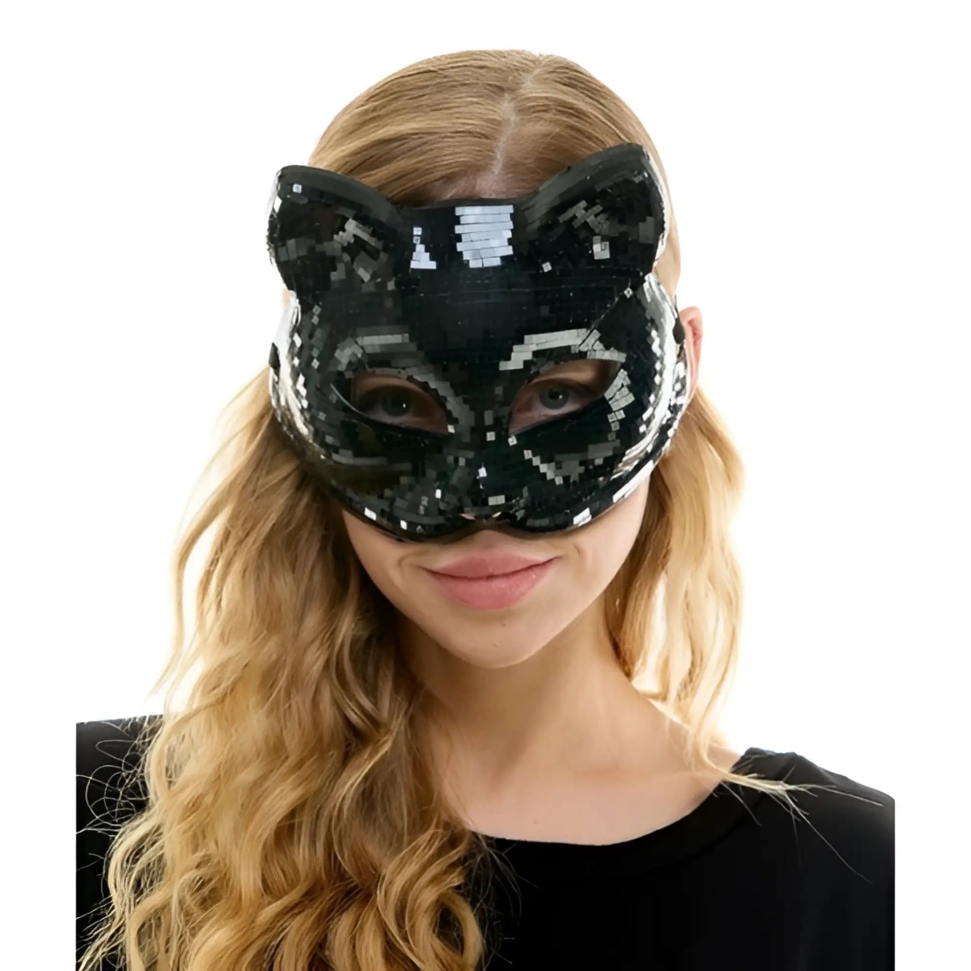 Black sequined mirror cat mask with sparkling pixelated design for costume or party use