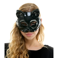 Black sequined mirror cat mask with sparkling pixelated design for costume or party use