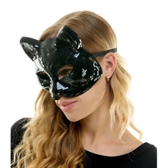 Black sequined cat mask with pointed ears and sleek glittering design for costume and party use