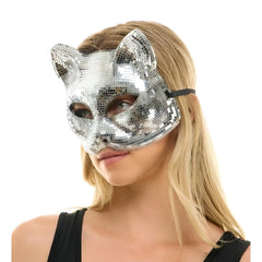 Silver disco mirror cat mask with pointed ears and black adjustable strap for costume or party use