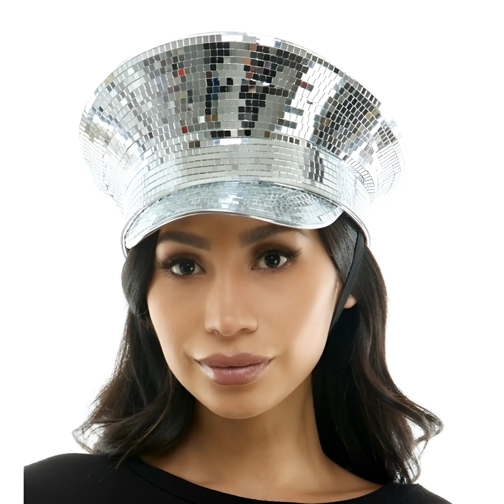 A shiny silver mirrored festival hat with a reflective disco ball cap surface and a structured brim