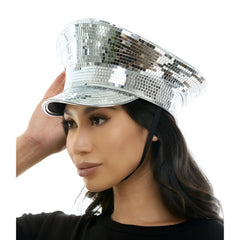 A shimmering silver mirrored festival hat with reflective mosaic tiles perfect for parties and events