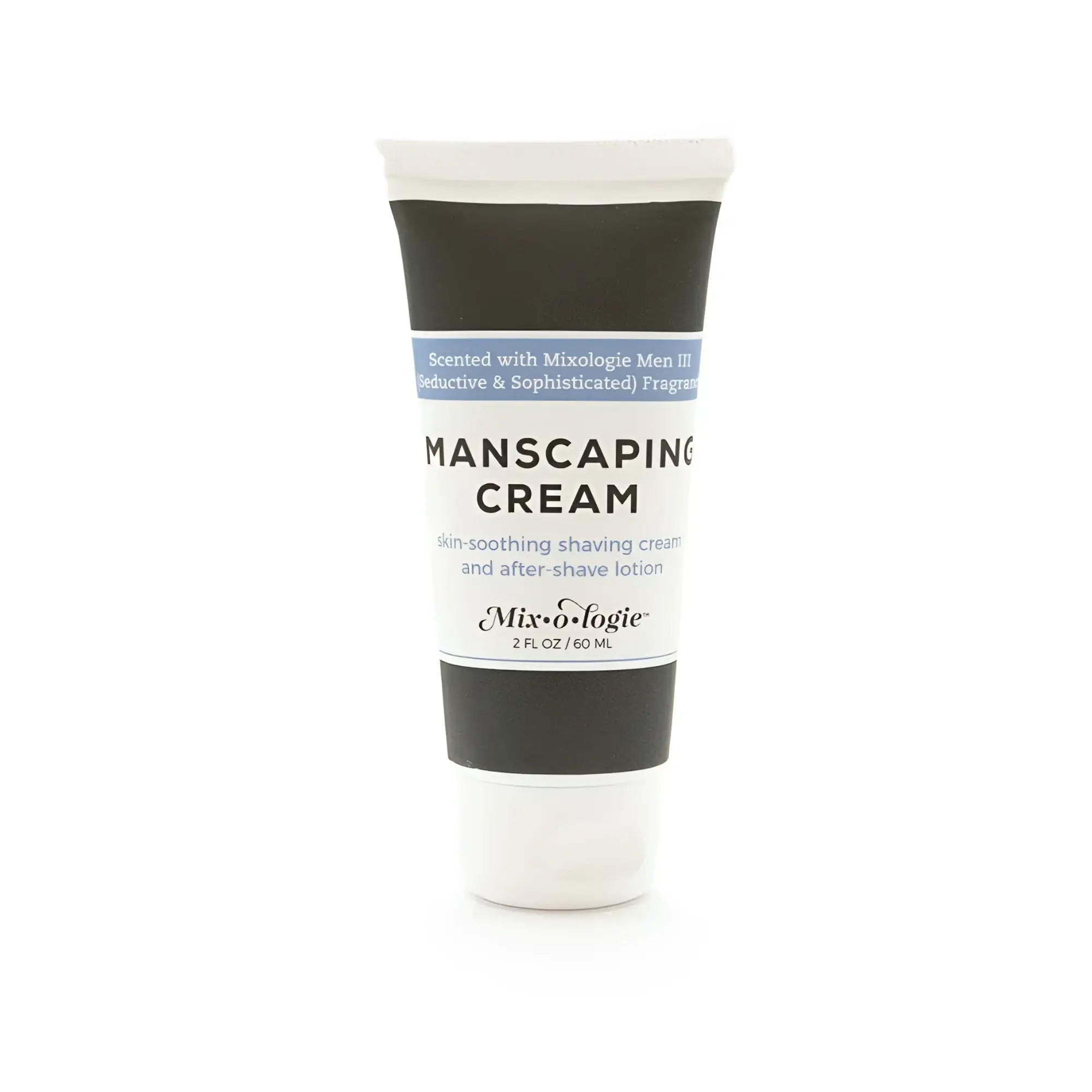 White tube of mixologie manscaping cream shave lotion sent iii with black and light blue label for grooming use
