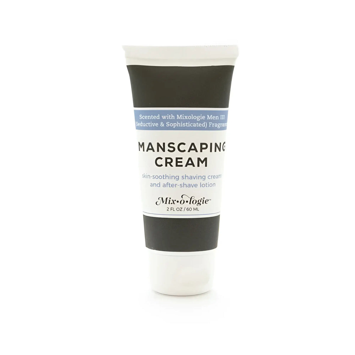 White tube of mixologie manscaping cream shave lotion sent iii with black and light blue label for grooming use