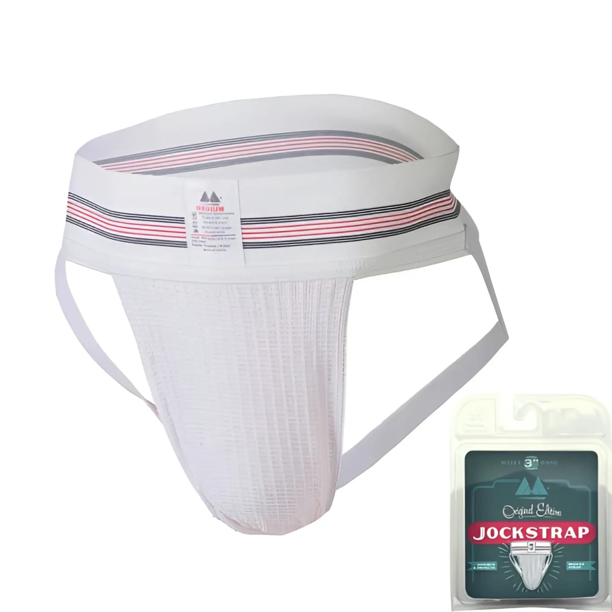 White mm original edition bike style athletic jockstrap with pink and navy striped waistband size m
