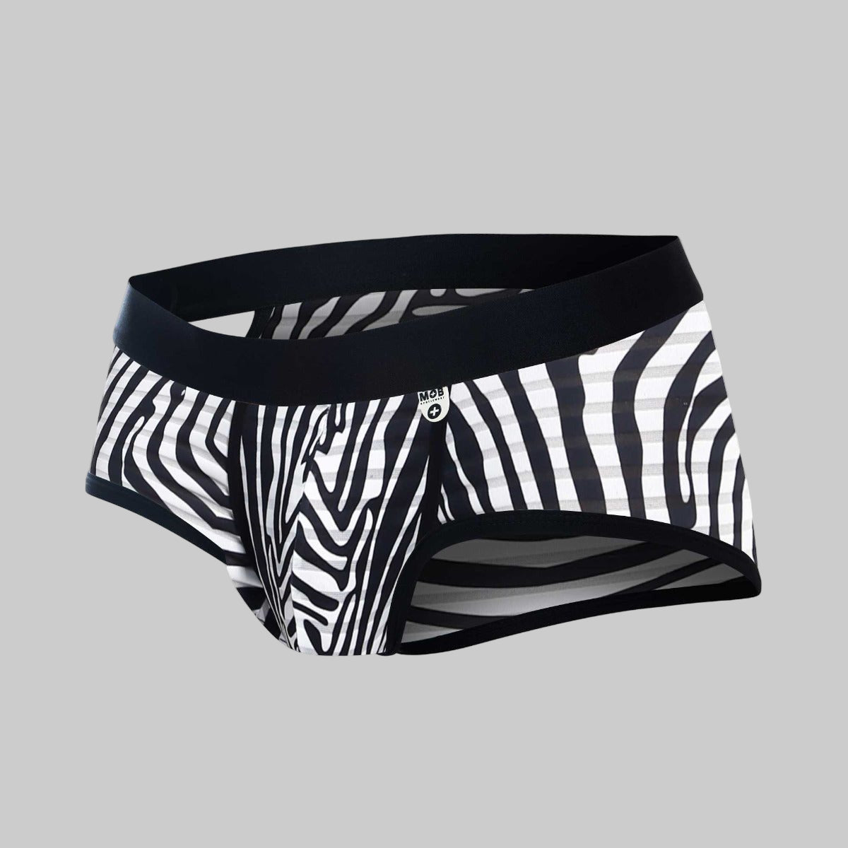 Men’s mob aero brief final sale with black and white zebra stripes and solid black waistband in cotton blend