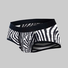 Men’s mob aero brief final sale with black and white zebra stripes and solid black waistband in cotton blend