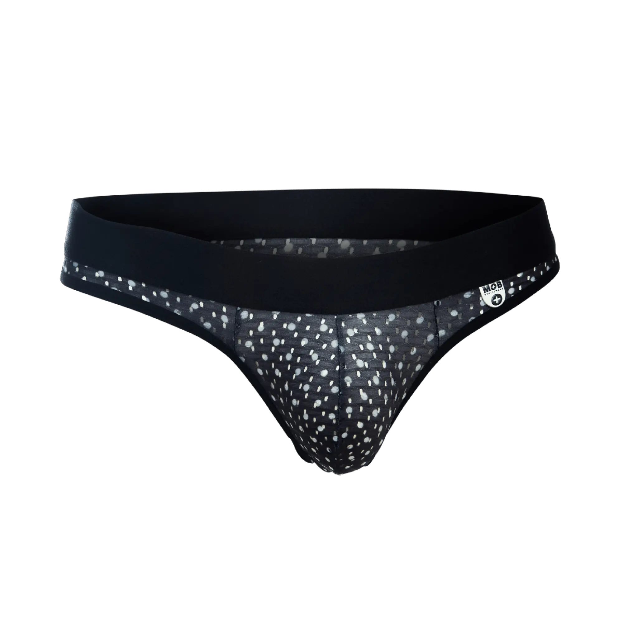 Black and white polka dot mesh briefs with solid black waistband from MOB Aero Jock collection
