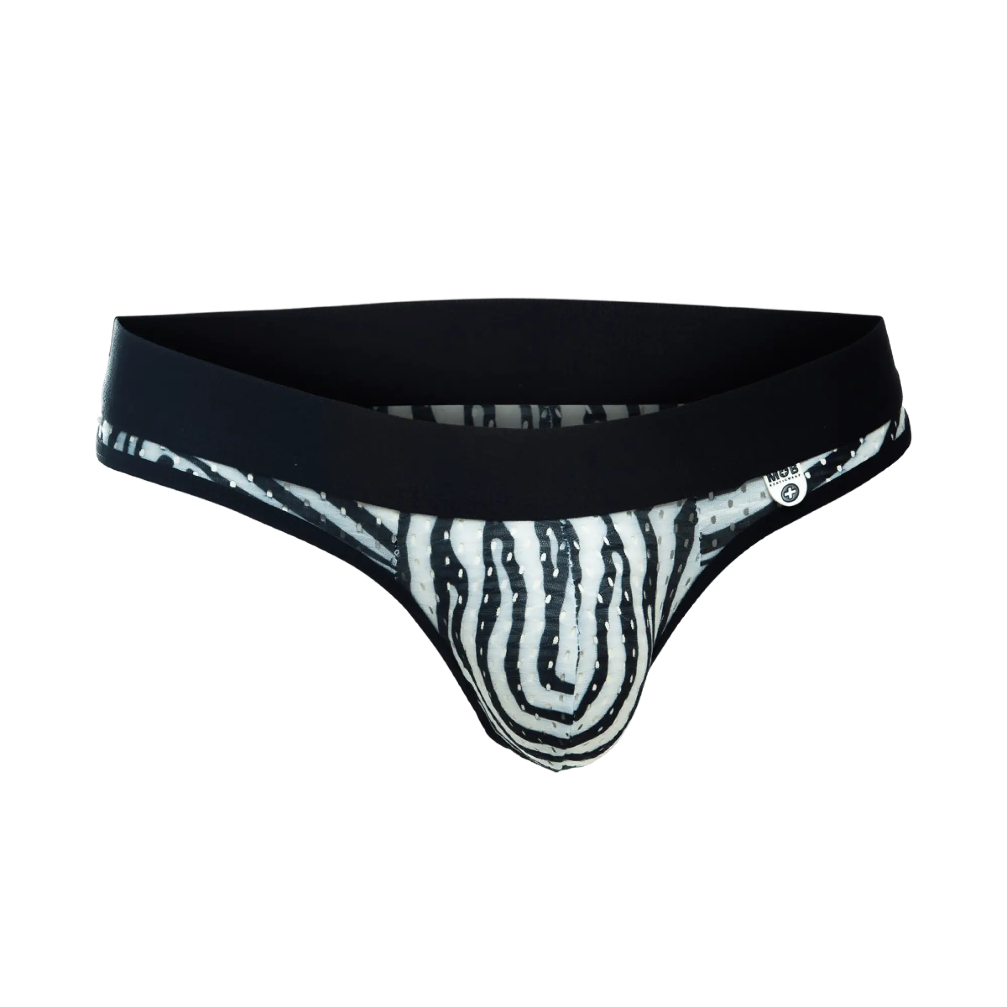 Black and white zebra-striped men’s briefs with solid black waistband from mob aero jock collection