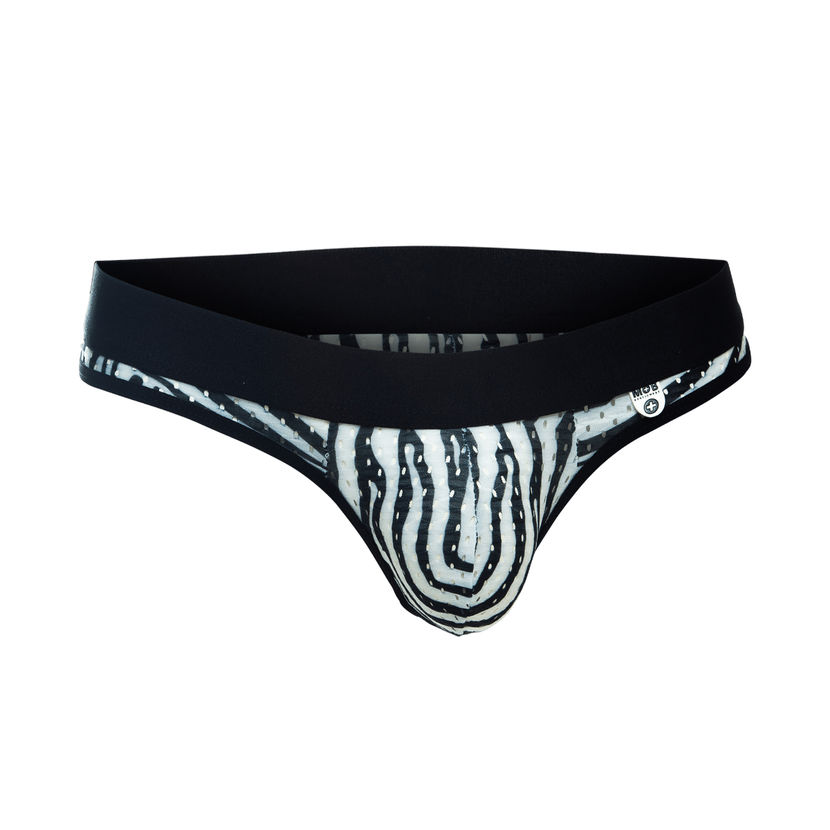 Black and white zebra-striped men’s briefs with solid black elastic waistband from mob aero jock final sale collection