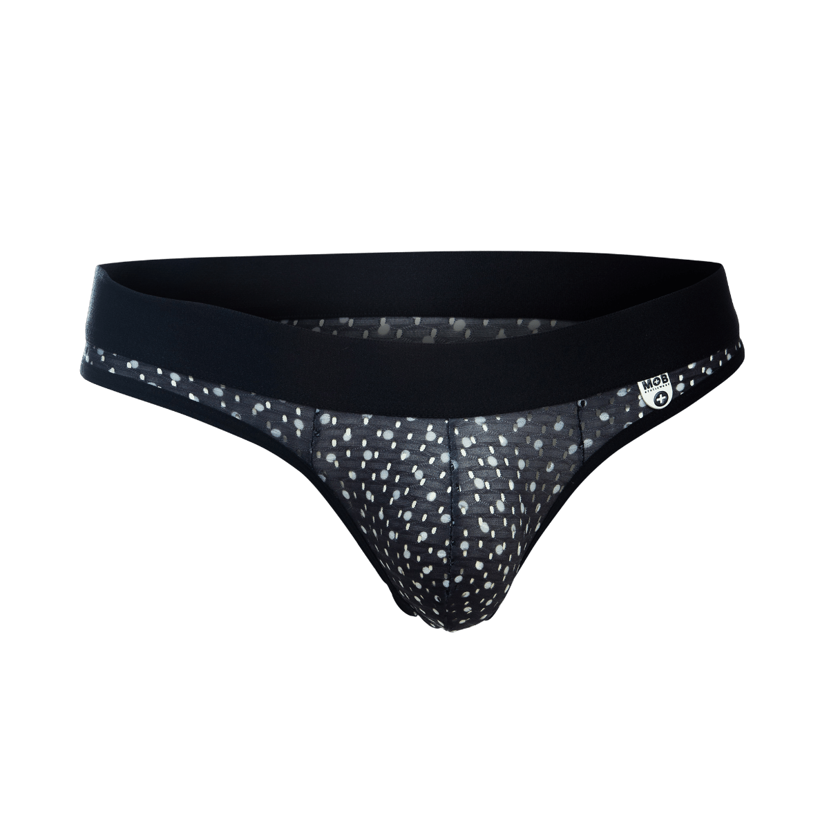 Black and white polka dot mesh briefs with solid black waistband from mob aero jock final sale collection