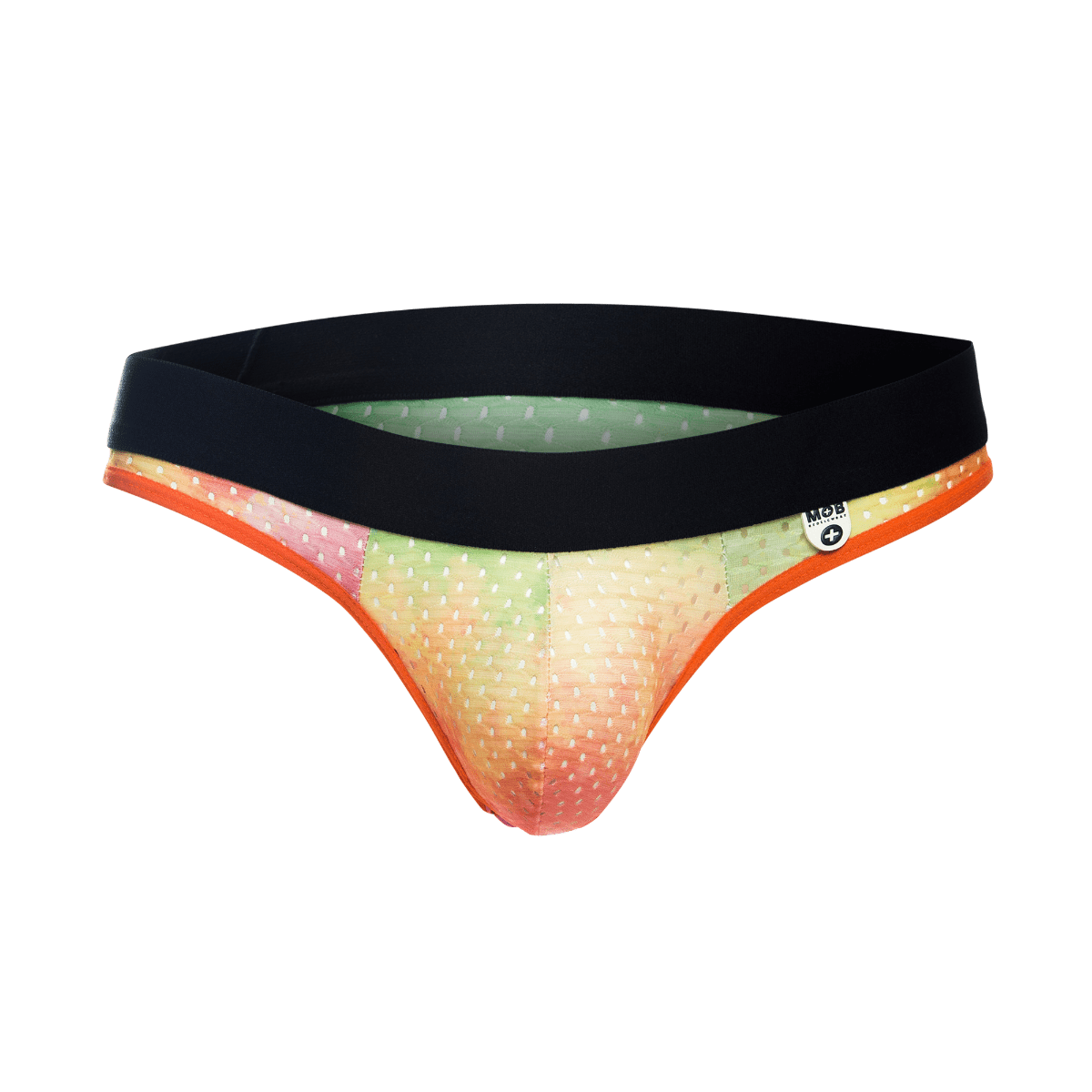 Vibrant gradient-patterned briefs with black waistband orange trim and white polka dots mob aero jock final sale
