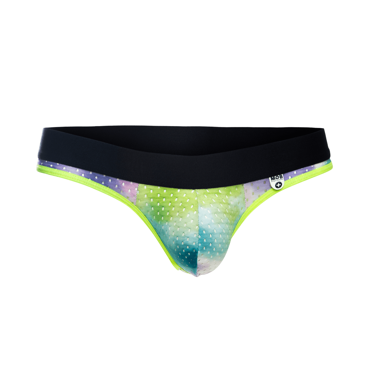 Vibrant tie-dye mob aero jock briefs with neon green trim and black waistband designed for athletic support