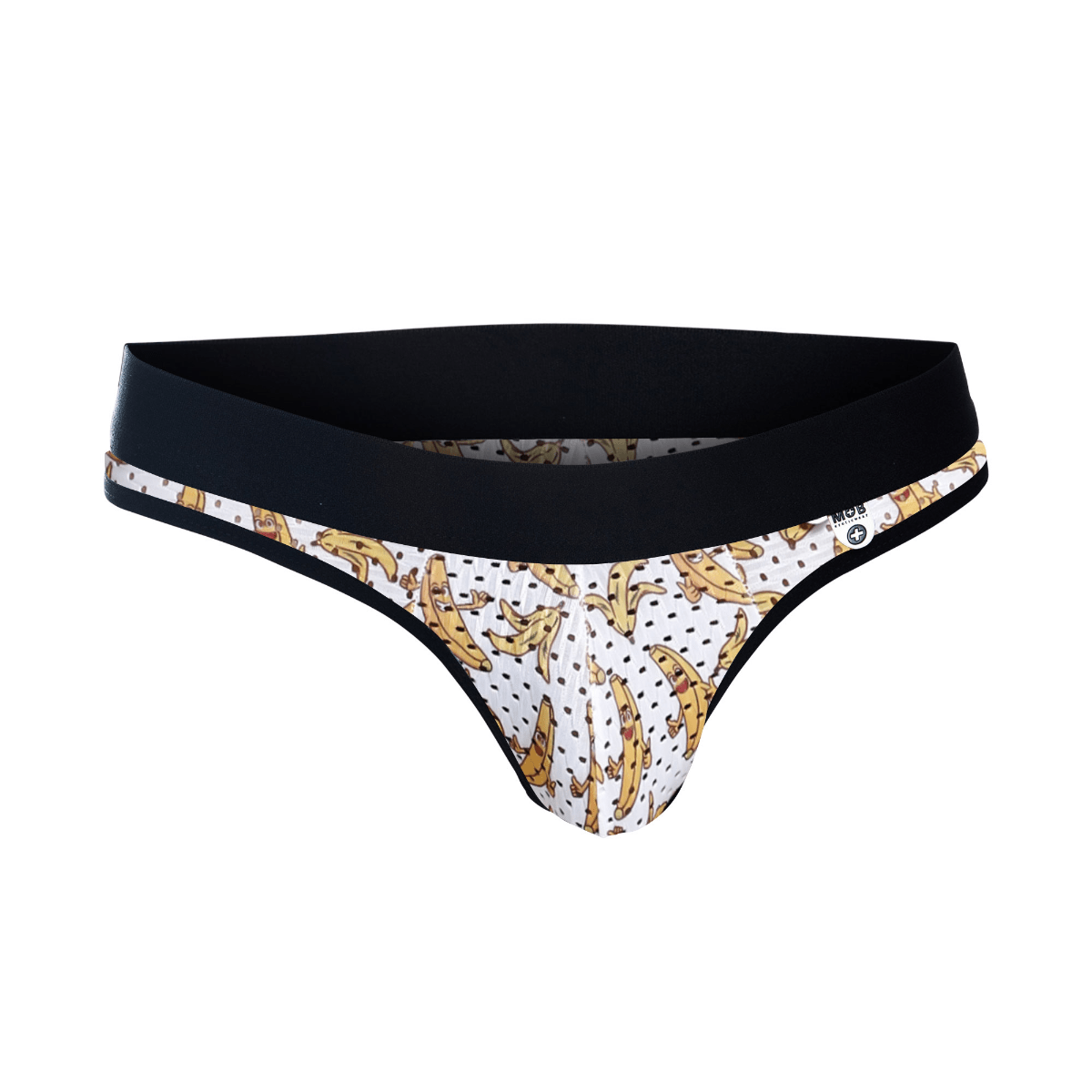 White banana-patterned thong with black waistband and trim featuring a playful design from MOB Aero Jock final sale