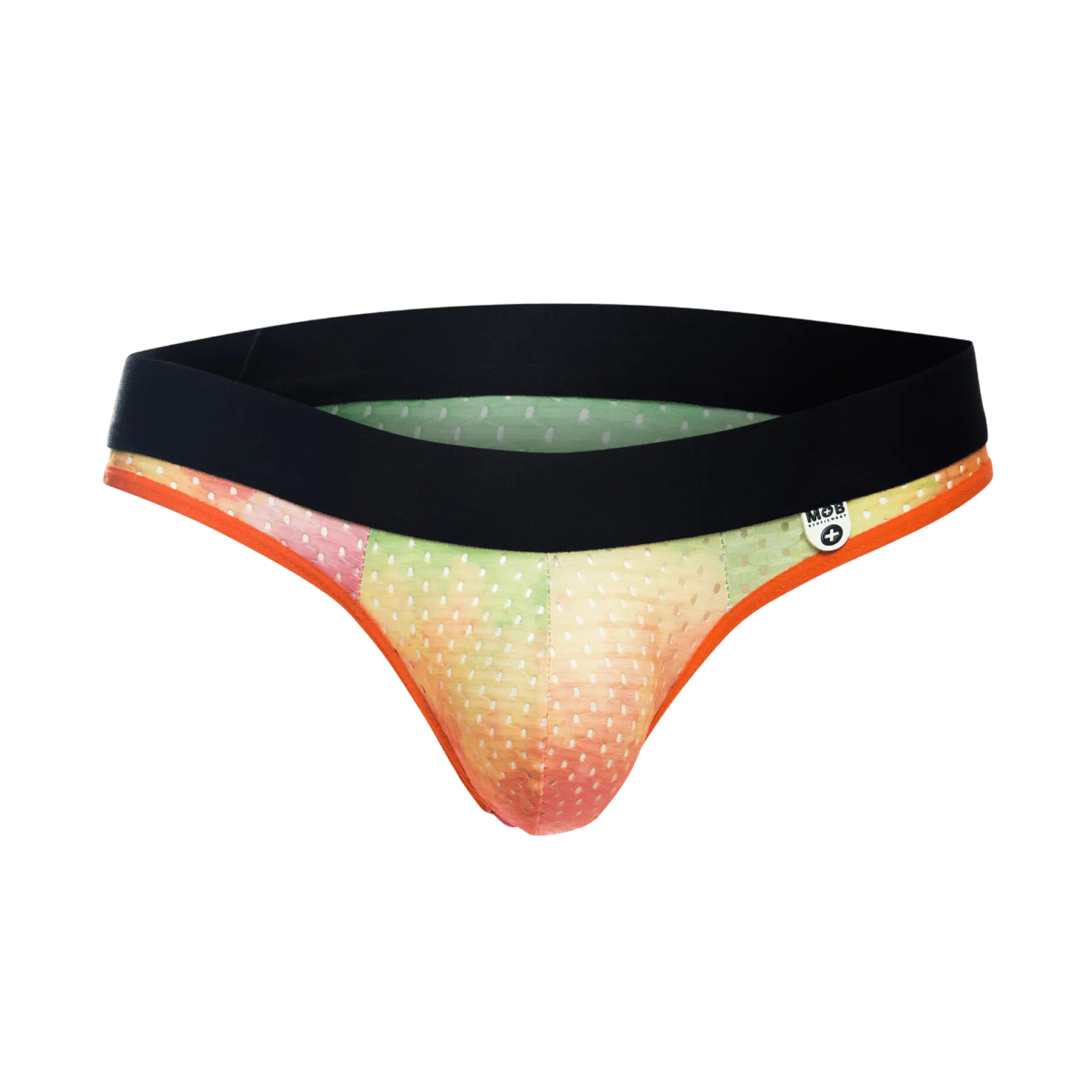 MOB Aero Jock briefs with vibrant gradient pattern black waistband orange trim and white polka dots front view