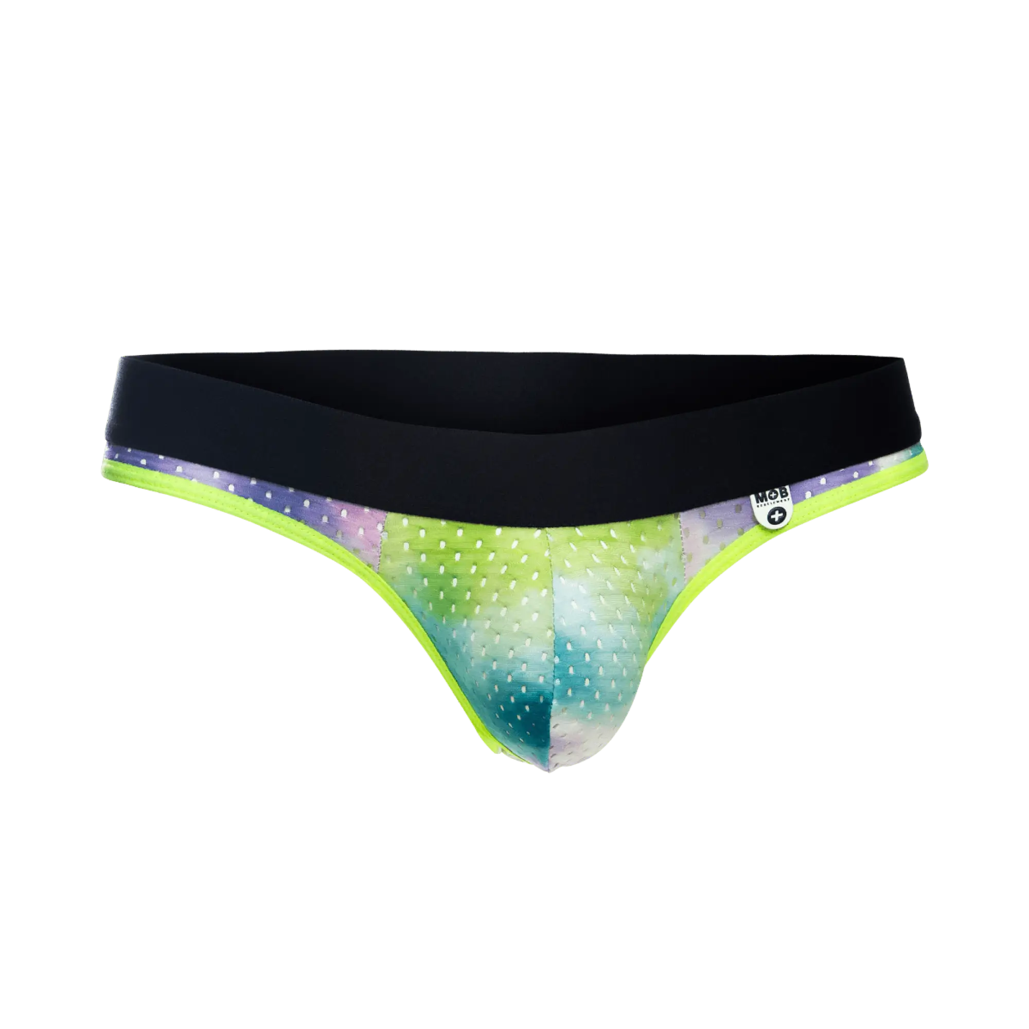 MOB Aero Jock vibrant tie-dye briefs with neon green trim and black waistband for active wear