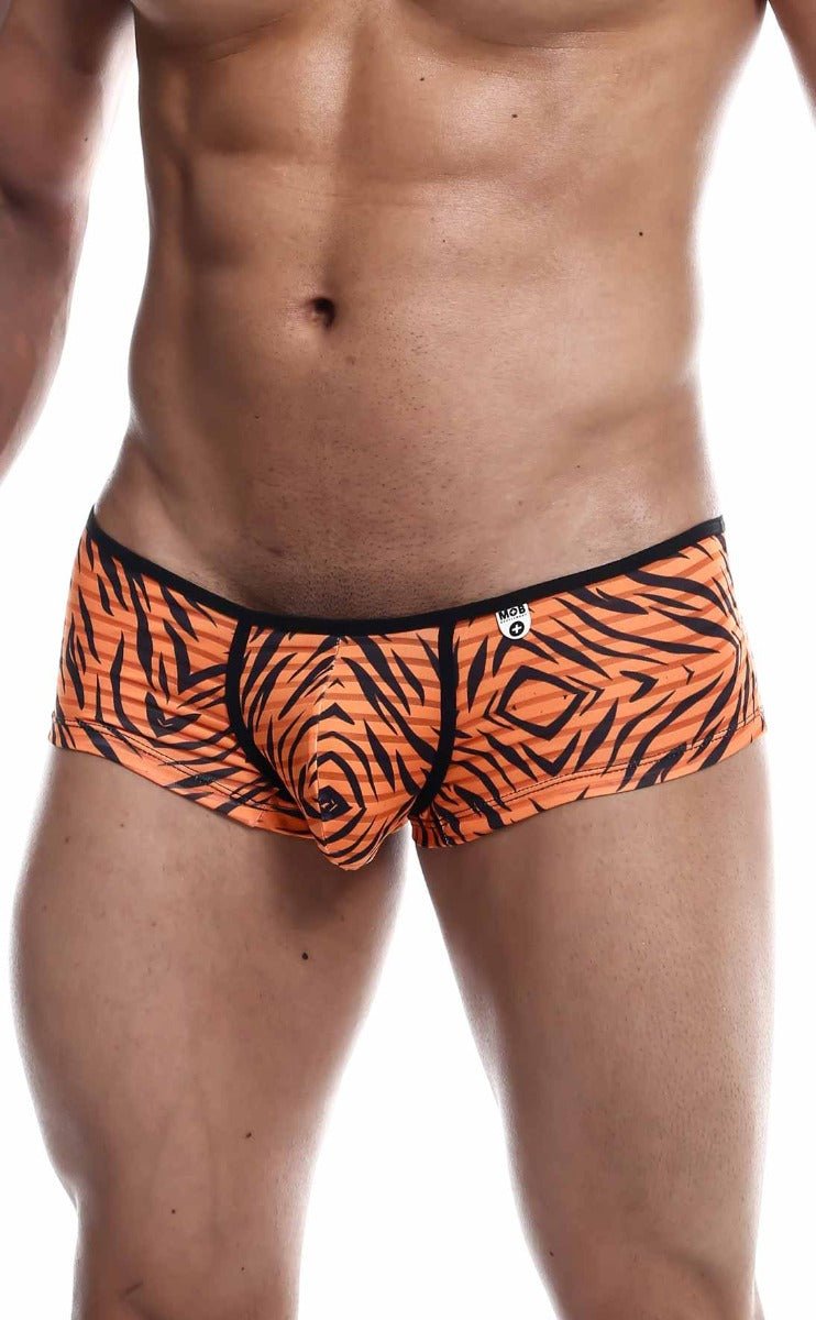 MOB boyshort briefs in orange tiger print with black stripes and a black waistband for comfortable wear