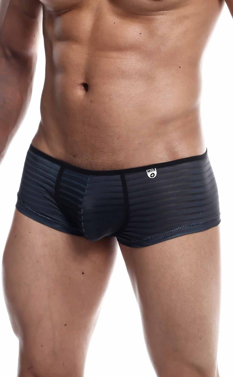 Dark gray ribbed textured mob boyshort men’s briefs with black trim and small white logo on waistband front view