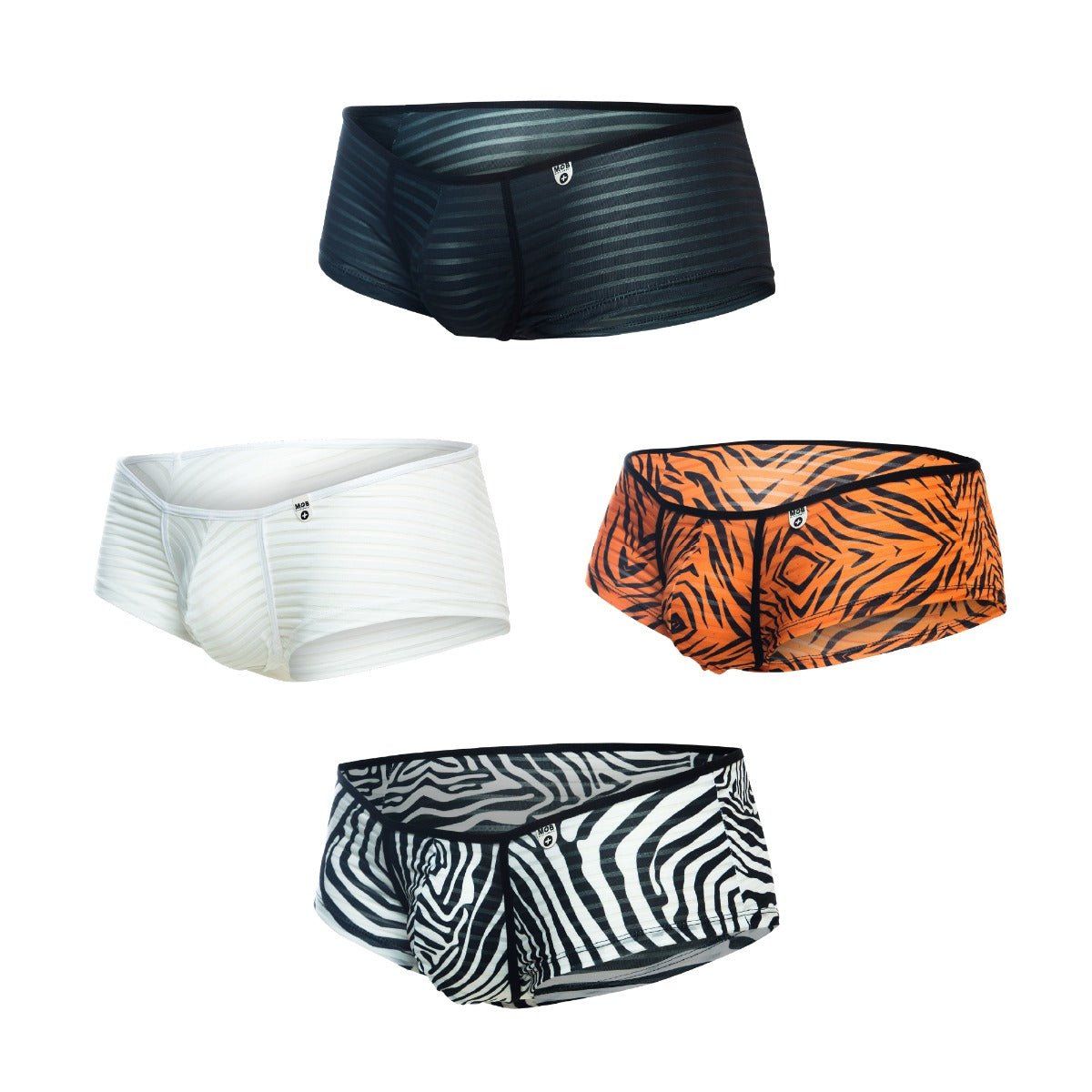 Black striped men’s briefs mob boyshort with subtle sheen and small logo on the waistband
