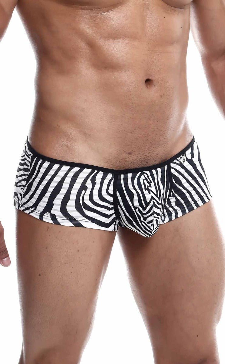 MOB boyshort black and white zebra-striped men’s briefs with a snug fit made from soft stretchy fabric