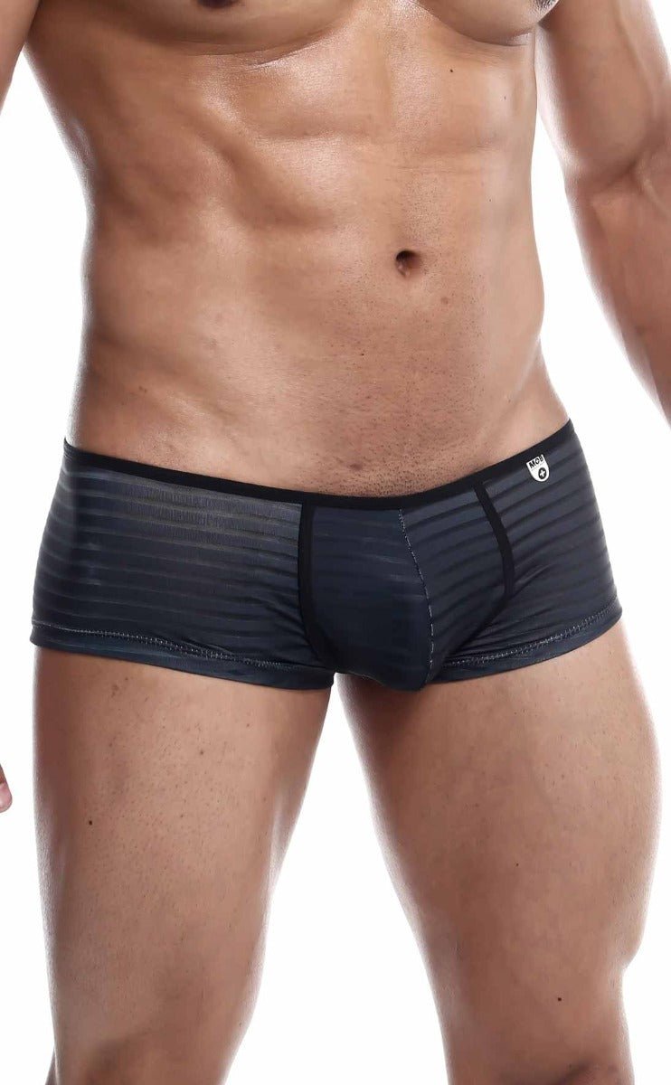 Black striped men’s mob boyshort briefs with a sleek form-fitting design and subtle textured fabric
