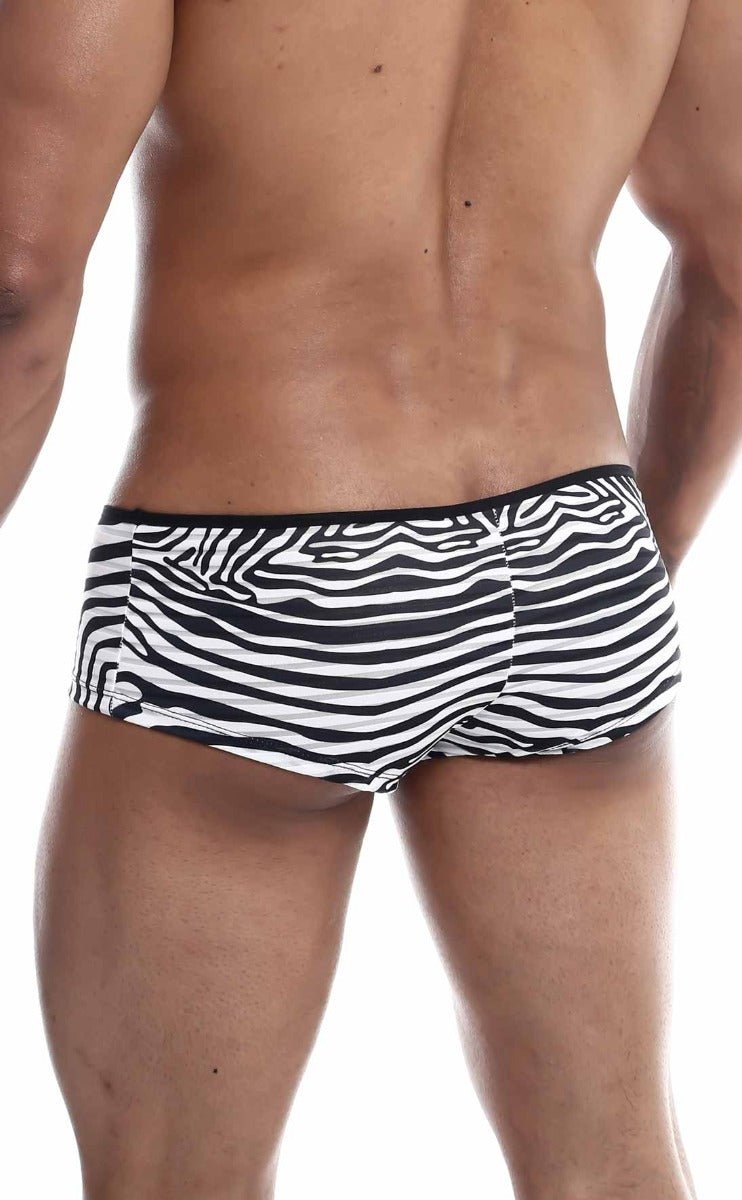 MOB boyshort black and white zebra-striped men’s briefs with a snug fit design for comfortable wear