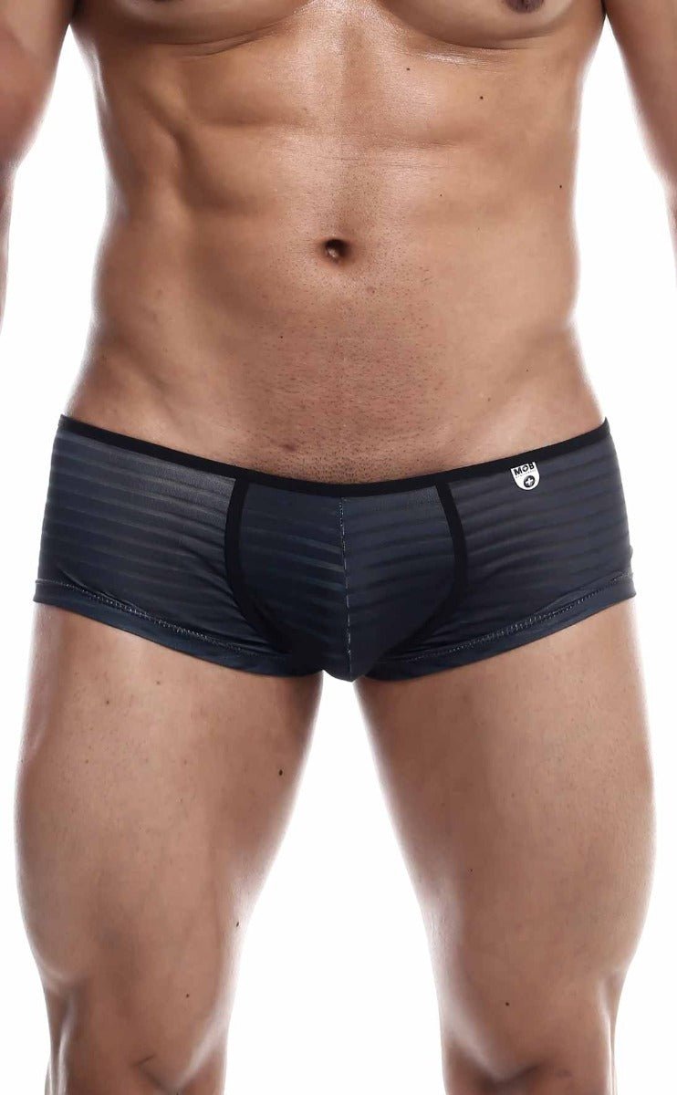 Black textured mob boyshort briefs with subtle striped pattern and black trim showing front side details