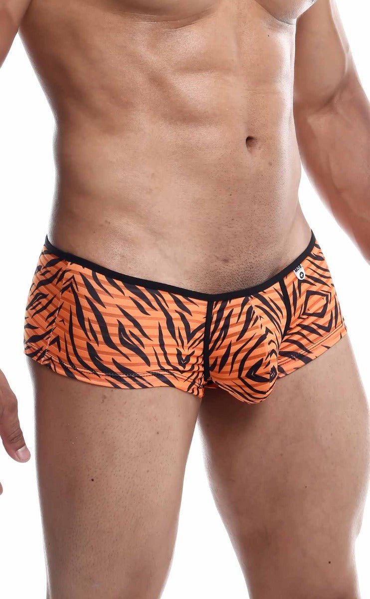 Mob boyshort snug fit men’s briefs in orange and black tiger stripe pattern with comfortable stretch fabric