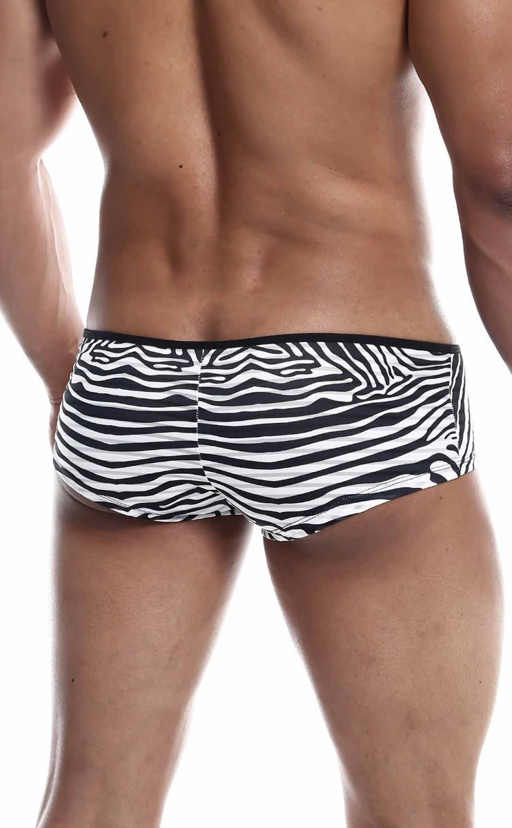 Men’s mob boyshort briefs in black and white zebra stripes with a snug fit and soft fabric