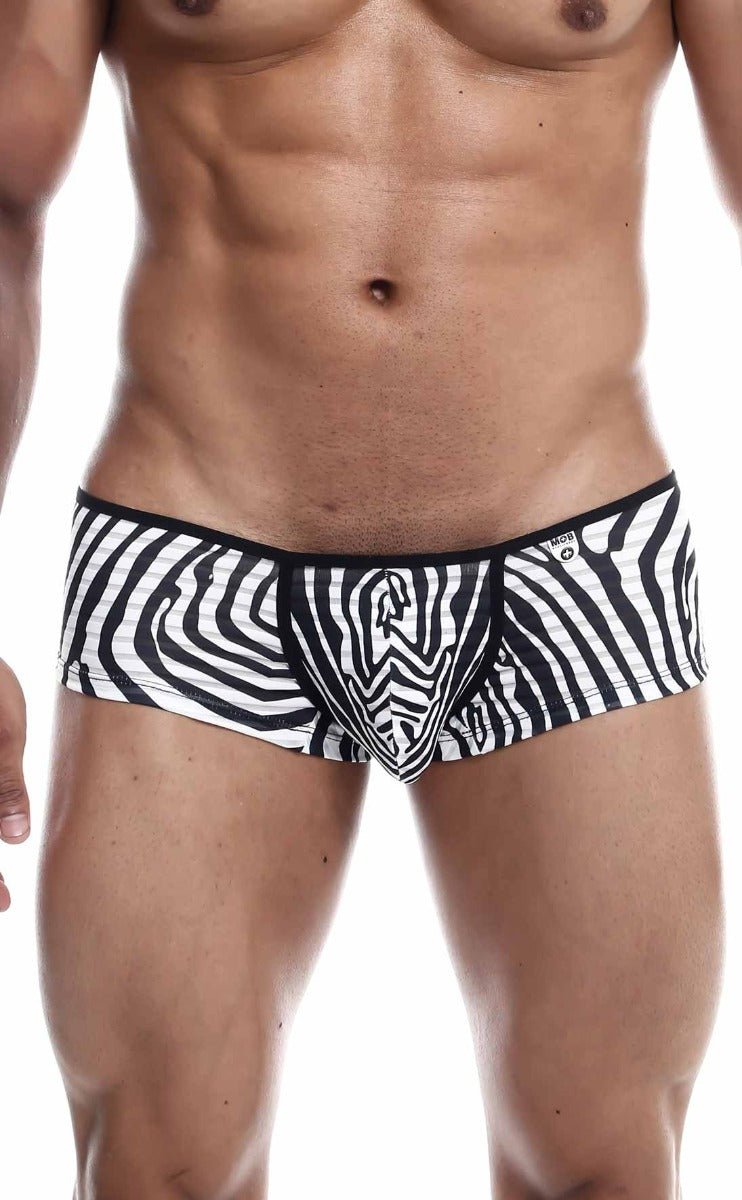 Black and white zebra-striped MOB boyshort men’s briefs with snug form-fitting design and comfortable stretch fabric