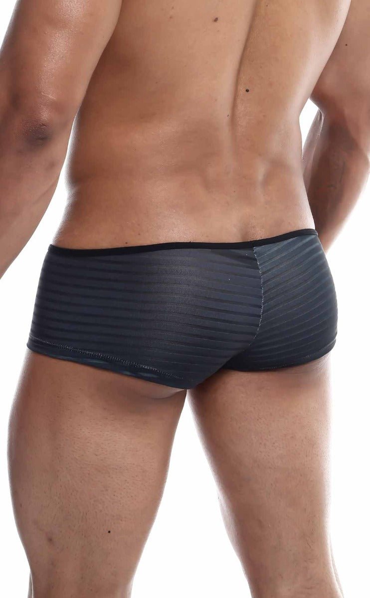 Mob boyshort black striped men’s briefs with subtle textured pattern and elastic waistband visible from front side