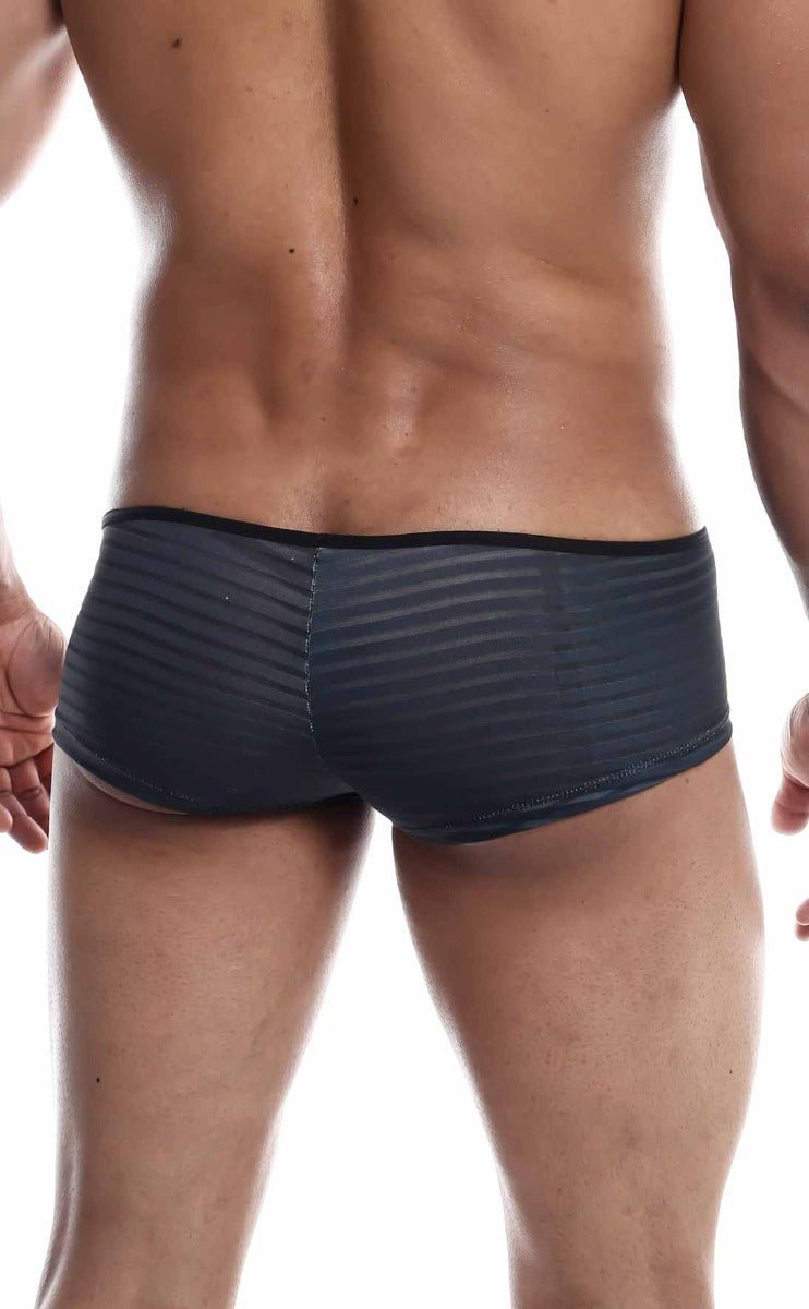 Dark gray ribbed textured men’s briefs with black elastic waistband mob boyshort for comfortable everyday wear