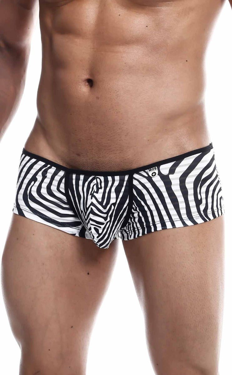 MOB Boyshort black and white zebra-striped men’s briefs with a snug fit and soft comfortable material