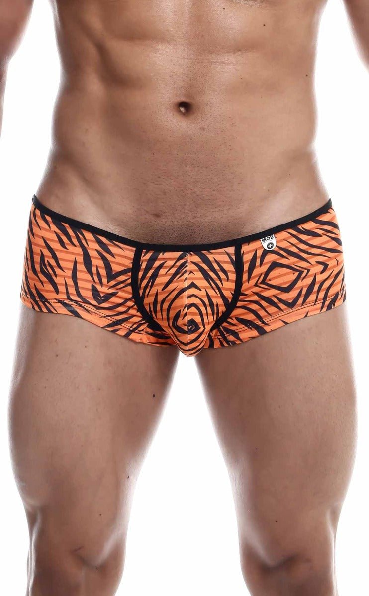 MOB Boyshort orange tiger-print briefs with black trim and central seam in stretch fabric for comfortable wear